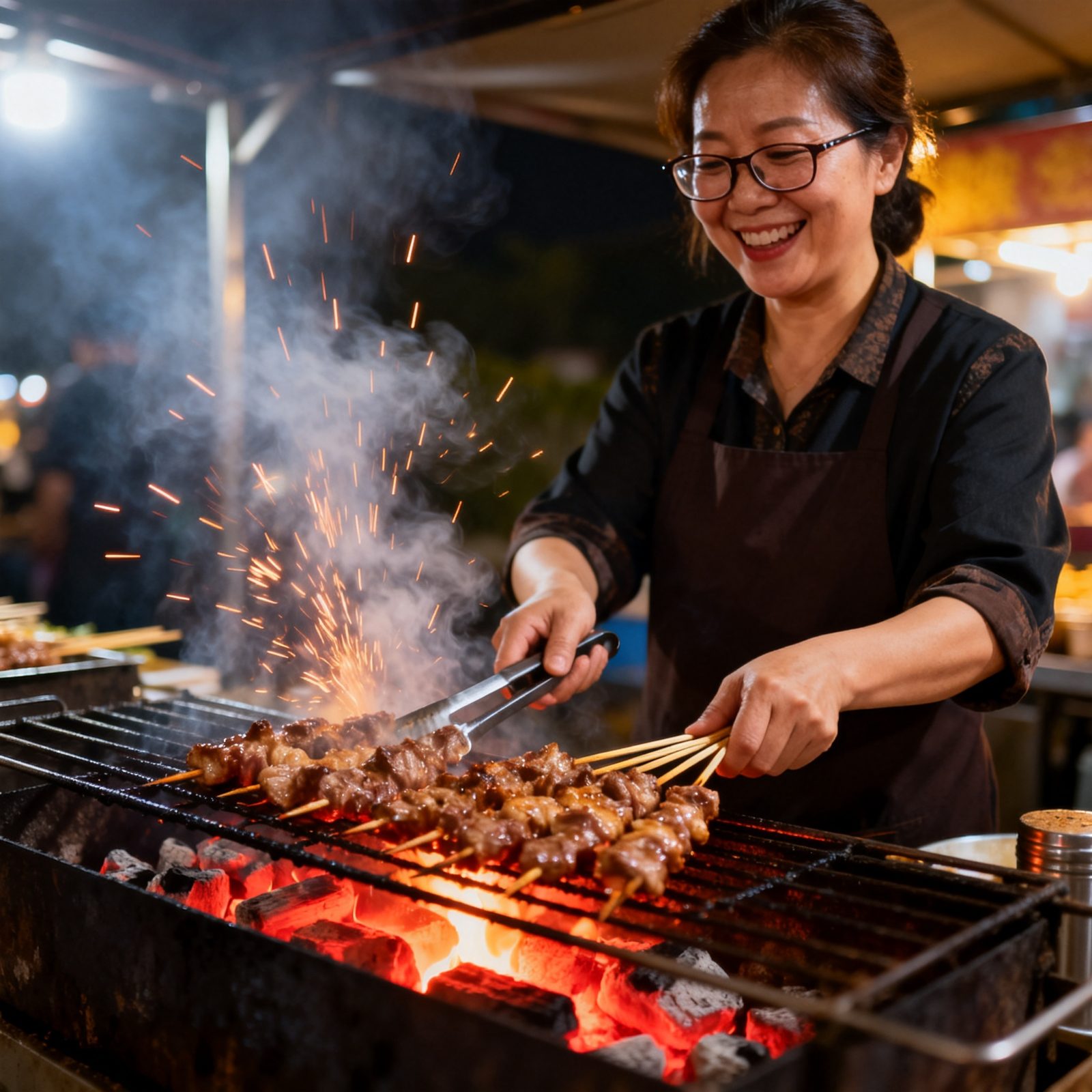 老板娘正在为客人烤肉
